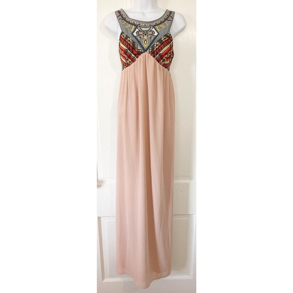 Flying Tomato Maxi Dress Medium Pink Chiffon Embroidered Top Sundress Aztec Boho